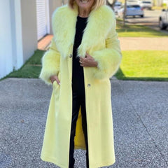 Casual Solid Color Mid Length Fur Collar Lapel Coat