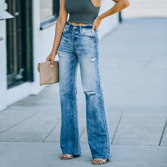 Women's Casual temperament ripped denim wide-leg pants