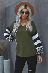 Women's Green V Neck Lantern Sleeve Stripe Splice Long Sleeve Top