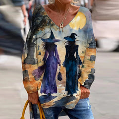 Women's Witches Crossing Graveyard Print V Neck Top