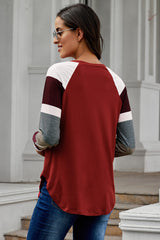 Women's Color Block Long Sleeves Burgundy Pullover Top