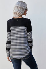 Women's Casual Black Striped Pinstripe Patch Pocket Long Sleeve Top