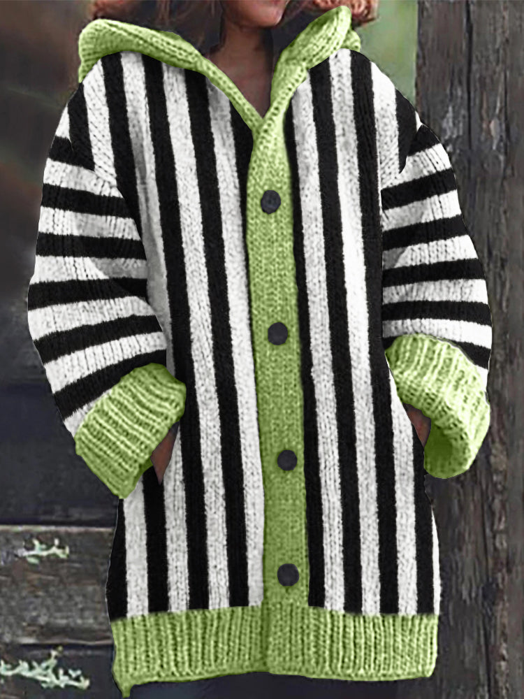 Halloween Horror Movie Inspired Striped Cozy Knit Hooded Cardigan