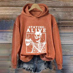Staying Alive Skeleton Coffee Halloween Print Casual Hoodie