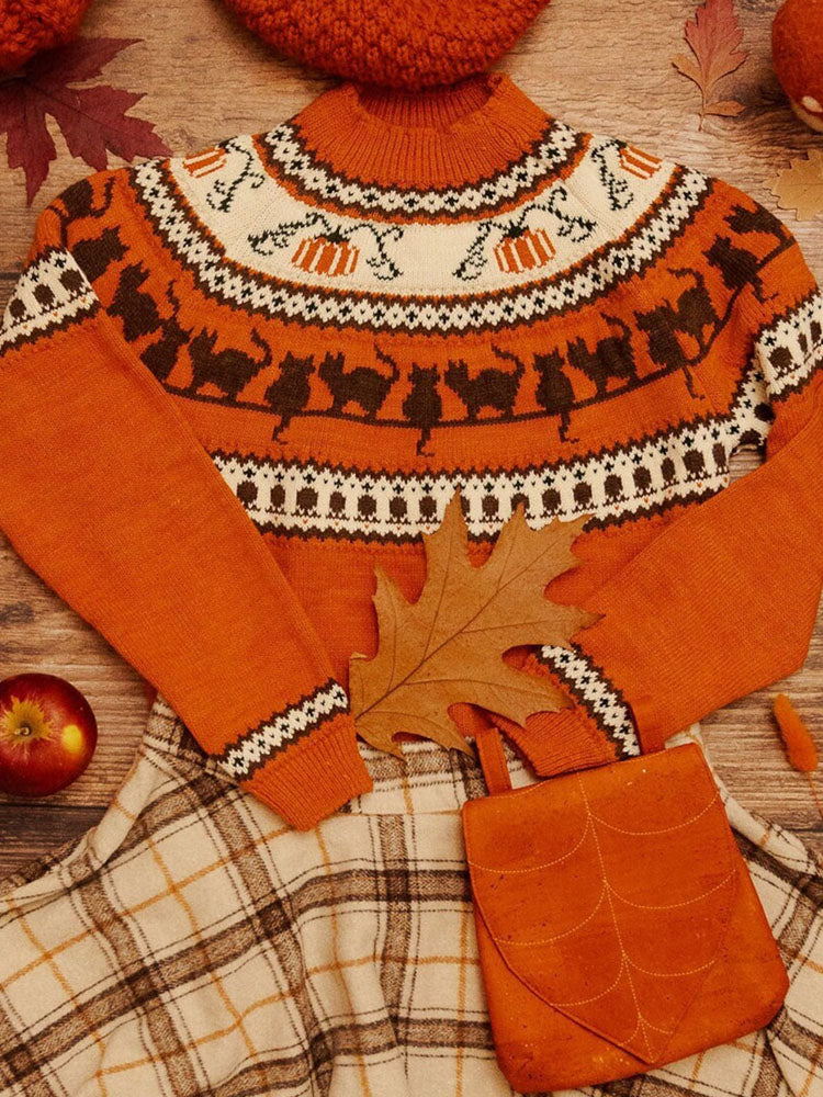 Halloween Black Cat Pumpkin Pattern Cozy Knit Sweater