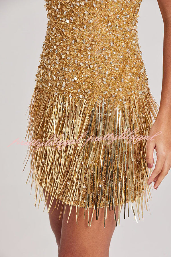 Sparkle City V Neck Strappy Fringed Sequin Mini Dress