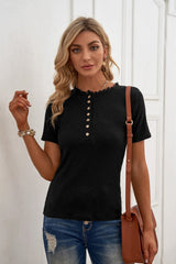 Women's Black Crew Neck Buttoned Ribbed Knit Short Sleeve Top