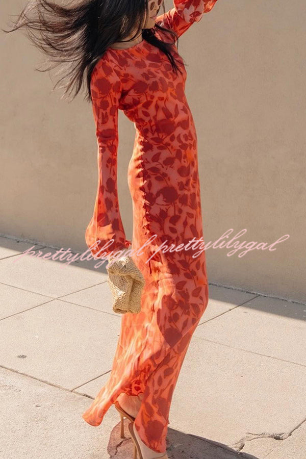 Gia Unique Print Boat Neck Long Bell Sleeve Bias Cut Maxi Dress