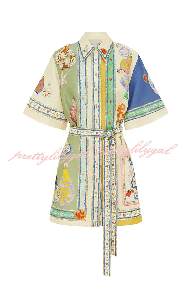 Deva Linen Blend Unique Print Bell Sleeve Belted Pocket Shirt Mini Dress