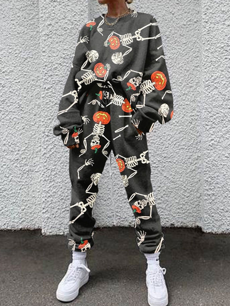 Casual Skull Pumpkin Print Two Piece Set