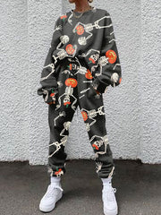 Casual Skull Pumpkin Print Two Piece Set