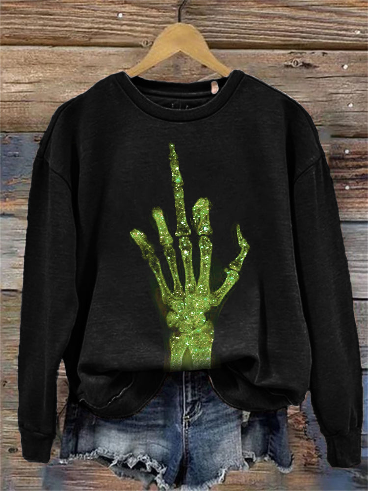 Glitter Skeleton Hand Graphic Washed Sweatshirt