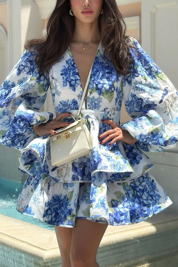 Feminine and Sexy Floral Print Deep V-neck Balloon Sleeve Tiered Mini Dress