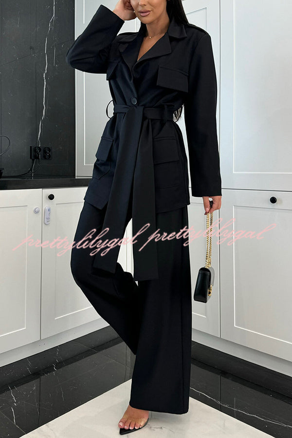 Business Needs Button Up Flap Pocket Belted Lapel Loose Jacket