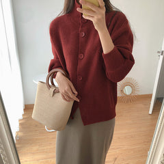 High-Necked Thick Loose Western-Style Knitted Cardigan
