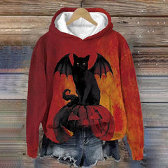 Halloween Waiting For The Witch Black Cat Pumpkin Print Casual Hoodie