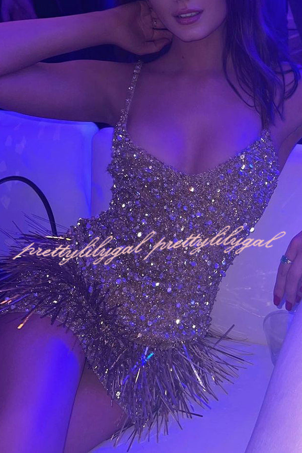 Sparkle City V Neck Strappy Fringed Sequin Mini Dress