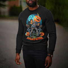 Crew Neck Grave Halloween Pumpkin Print Casual Sweatshirt