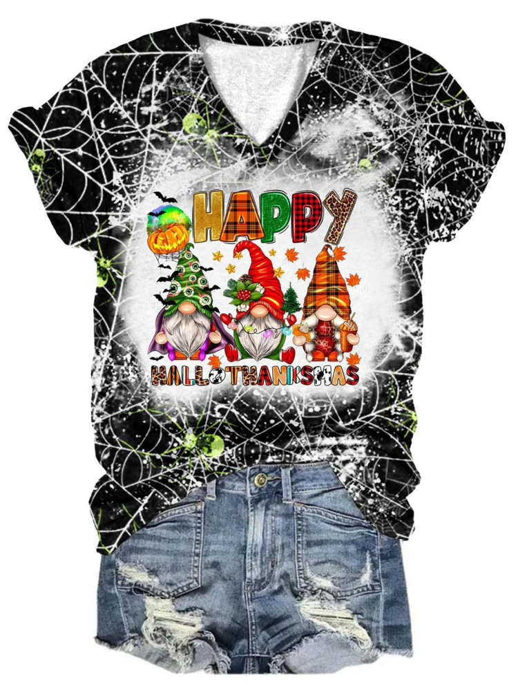 Happy Hallothanksmas Gnomes Tie Dye V Neck T-Shirt