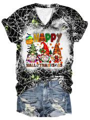 Happy Hallothanksmas Gnomes Tie Dye V Neck T-Shirt