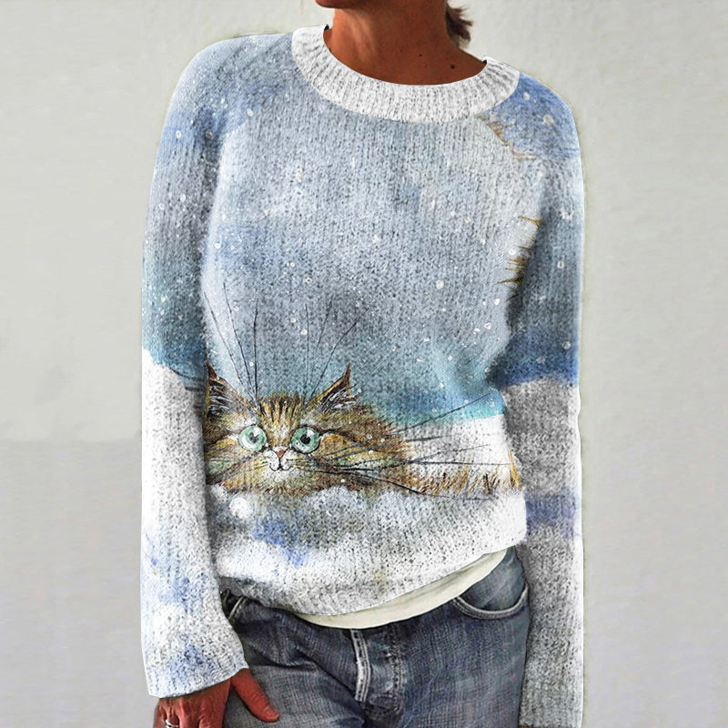 Playing In The Snow Cat Print Women's Sweater