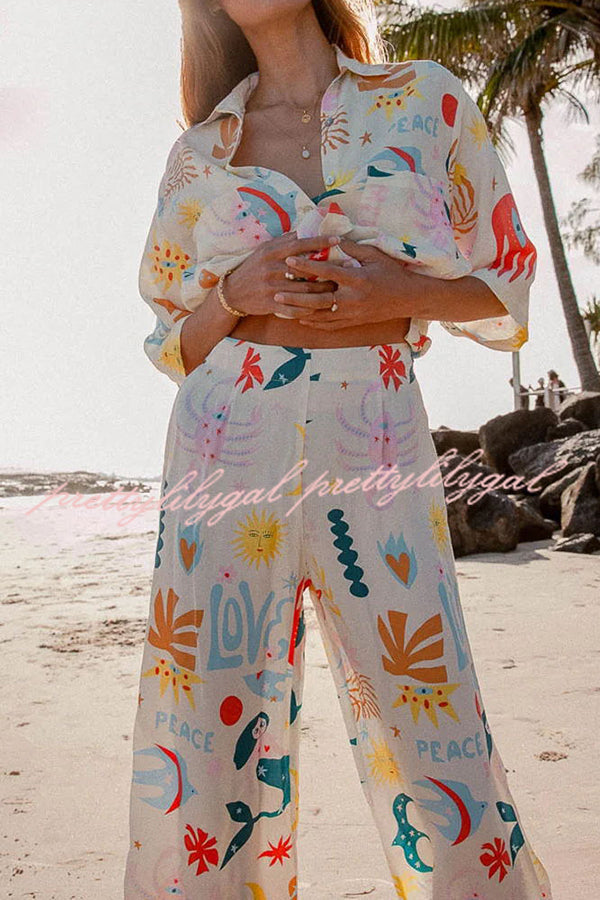 Abstract Sea Creature Print Button Pockets Elastic Waist Pant Suit