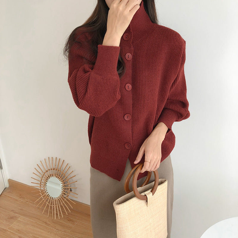 High-Necked Thick Loose Western-Style Knitted Cardigan