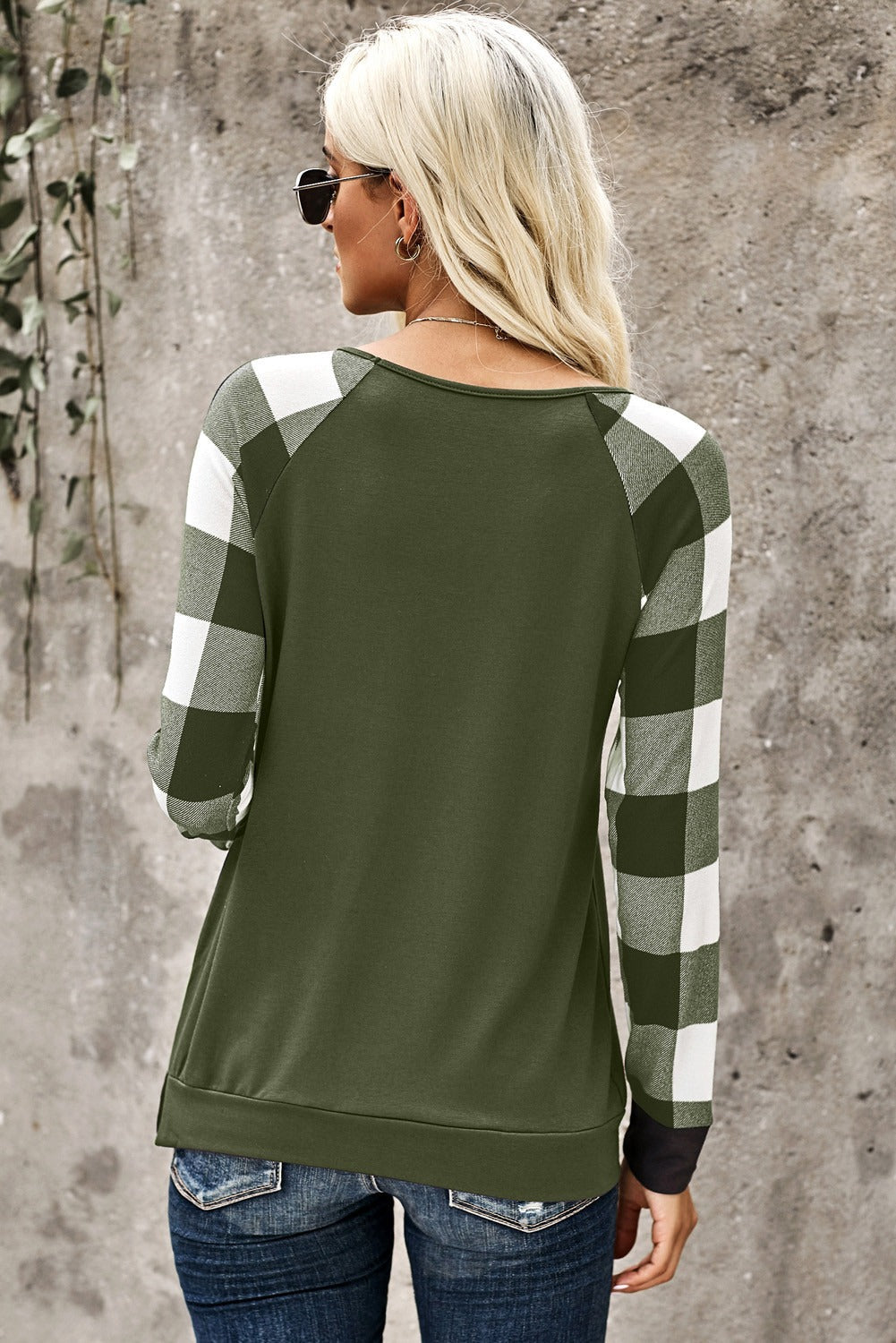 Women's Green Plaid Splicing Sequined Pocket Long Sleeve Top
