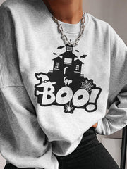Long Sleeve Boo Cat Print Sweatshirt