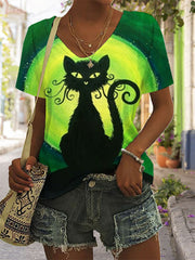 Halloween Black Cat Art V Neck Comfy T Shirt