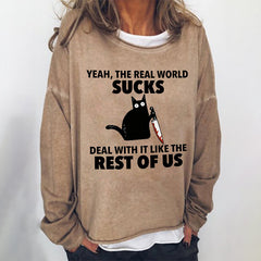 Cat Print Crew Neck Long Sleeve Casual Sweatshirt