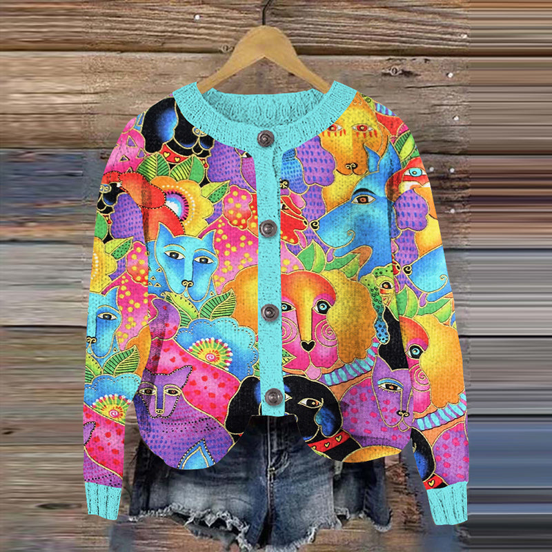 Colorful Cat Print Women's Cardigan Sweater