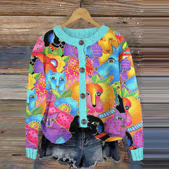 Colorful Cat Print Women's Cardigan Sweater