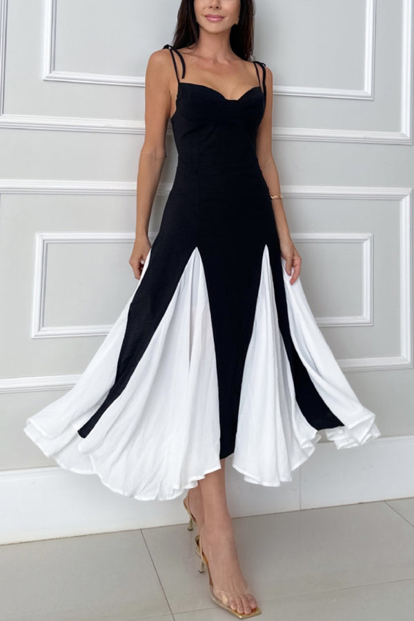 Christy Panelled Tulle Shoulder Tie-up Sweetheart Neck A-line Midi Dress