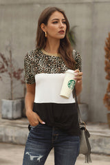 Women's Fashion Black Color Block Leopard Short Sleeve Tee