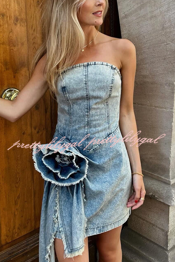 Giselle Washed Denim Floral Ruffle Pendant Strapless Stretch Mini Dress