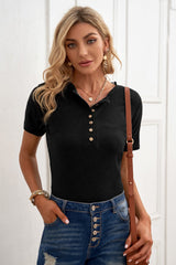 Women's Black Crew Neck Buttoned Ribbed Knit Short Sleeve Top
