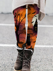 Halloween Black Cat At Spooky Night Leggings