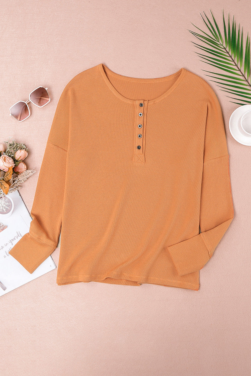 Women's Orange Waffle Knit Henley Top