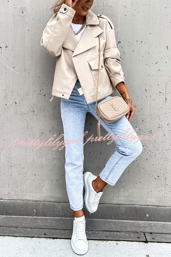 Stylish Leather Lapel Pocket British Style Cropped Jacket