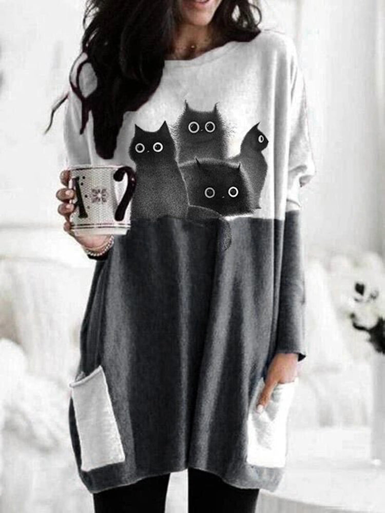 Contrast Panel Cat Print Long Sleeve Casual Tunic