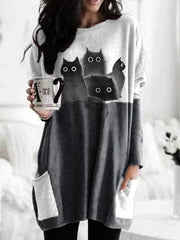 Contrast Panel Cat Print Long Sleeve Casual Tunic
