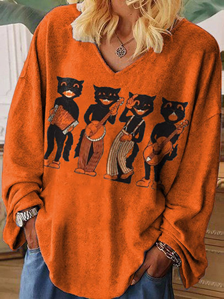 Halloween Cat Band Print Long Sleeve T-Shirt