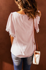 Women's Satin Lace Flutter Sleeve Top