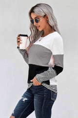 Women's Gray Stylish Colorblock Splicing Stripes Top
