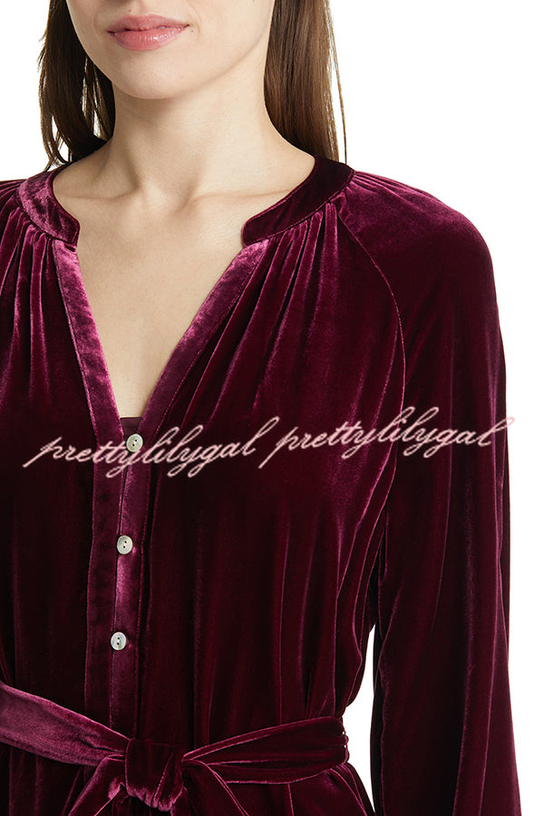 Solid Color Velvet Long-sleeved V-neck Lace-up Mini Dress