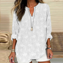 Floral Embroidery Art Print Linen Blend V-Neck Blouse