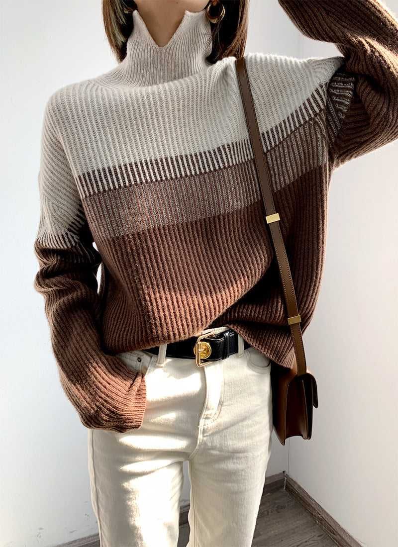Turtleneck Versatile Gradient Contrast Knit Sweater