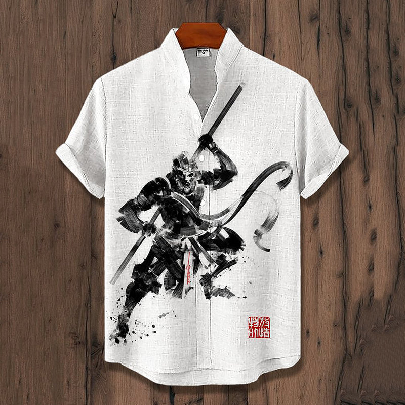 Men's Black Myth Wukong Dark Monkey Warrior Ink Painting Print Linen Blend Short Sleeve Shirt