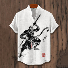 Men's Black Myth Wukong Dark Monkey Warrior Ink Painting Print Linen Blend Short Sleeve Shirt